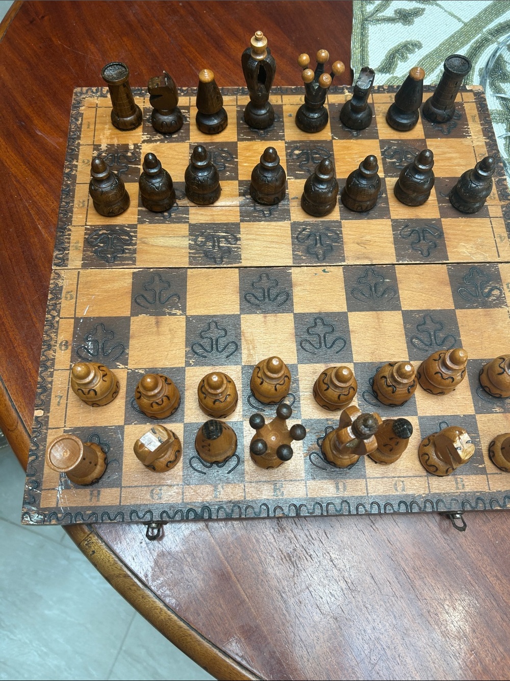 Hand-Carved Wooden Chess Set in Two-Tone Brown